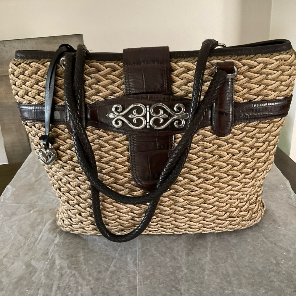 Brighton Natural Raffia & Leather Tote Handbag Purse Pocketbook EUC